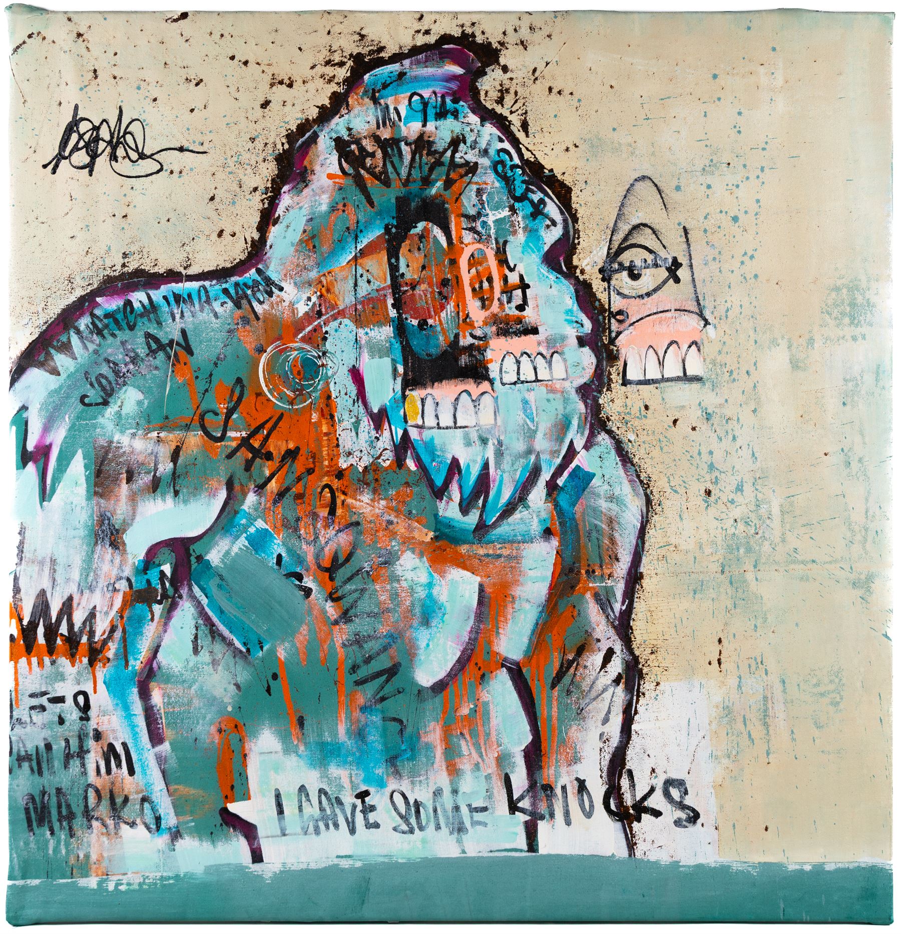 Joseph Gilgun (British 1984-): Bigfoot, mixed media on canvas signed 89cm x 86cm (unframed)
Provenance: gifted to the vendor by the artist as a thank you for his work on the TV show Brassic.