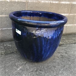 Large blue glazed terracotta planter, D74cm, H60cm