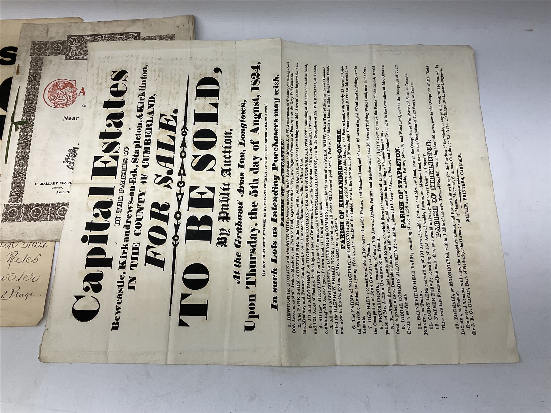 Seven late 19th/early 20th century auction posters of Hull/Yorkshire interest for properties in Hithe (Hive) 1852, South Cave 1880, Ellerker 1904, Hive 1921, Osbaldwick 1921, Balfour Street Hull 1922 and Sancton 1922; another for Cumberland 1824; two early 'This House To Let' posters; posters unframed and folded; and auction particulars for Gator Court, Ashburton, South Devon 