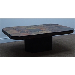 Rectangular slate pedestal coffee table, canted corners,  W122cm, H41cm  
