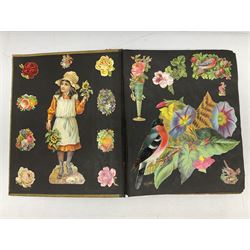 Victorian scrapbook containing twenty-six double sided pages and two fixed end pages of various fixed decoupage to include clippings of maritime interest, greeting cards, portraiture, flowers, animals etc, 