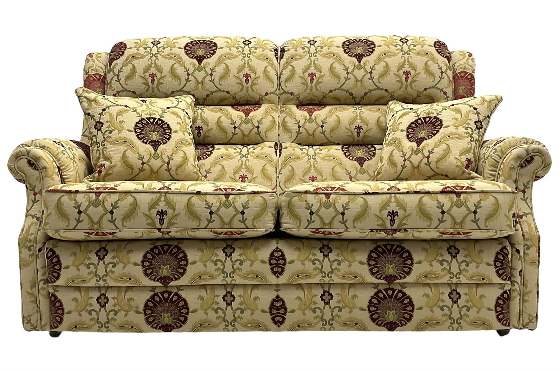 Vale Bridgecraft - Langfield two seat sofa, upholstered in Agra Cranberry fabric, mahogany feet, with David Gundry scatter cushions