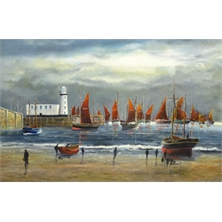 Robert Sheader (British 20th century): The Scarborough Herring Fleet under Moonlight, oil on board signed 50cm x 75cm