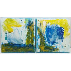 Geoffrey Harrop (British 1947-): Aquatic Abstracts, pair acrylics on canvas signed verso 50cm x 50cm (2) (unframed)