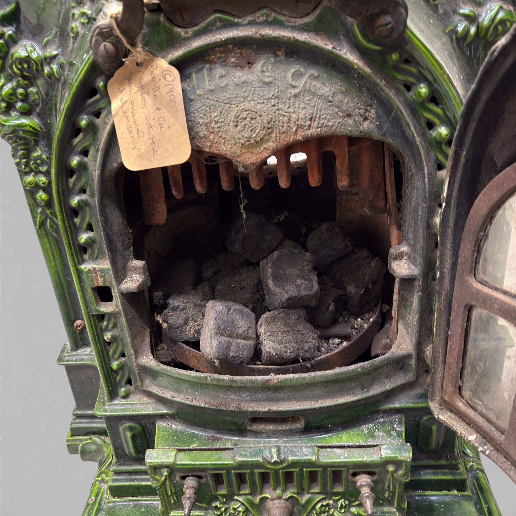 Art Nouveau French green enamelled cast iron stove by Deville & Cie