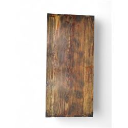 Late 19th century Japanese tansu chest, crafted with a cedar frame and cypress wood panels, original iron fittings throughout, comprising a single long drawer above smaller drawer and hinged cupboard door enclosing two smaller internal drawers and storage compartment, mounted on a bespoke black metal stand