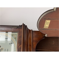 George III mahogany longcase clock, the hood with stepped moulded arch pediment above glazed door, fret work grille to each side, figured trunk door and base, enamel Arabic dial painted with country house scene and floral spandrels signed 'S. Wright, Watford', subsidiary seconds dial and date aperture, eight day movement striking the hours on bell, H212cm (two weights and pendulum)