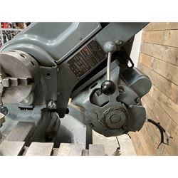 Myford Super 7 metal turning lathe with extensive collection of attachments, chucks, collets, bits; and precision metal saw