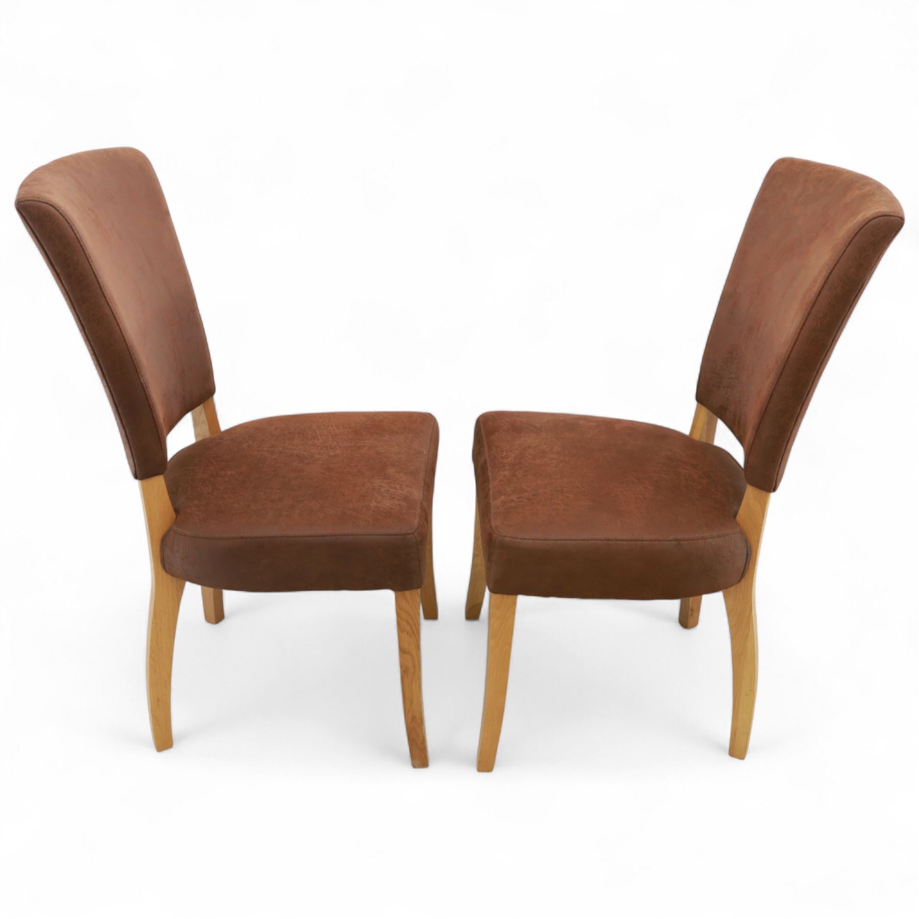 Contemporary oak dining suite, comprising rectangular table with solid top and square legs, together with four brown leather upholstered dining chairs with oak legs (5)