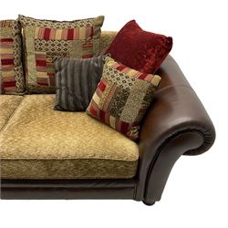 DFS - 'Perez' three-seat sofa (W222cm, H90cm, D105cm); and matching two-seat sofa (W188cm); upholstered in stitched brown fabric with patterned contrasting fabric cushions