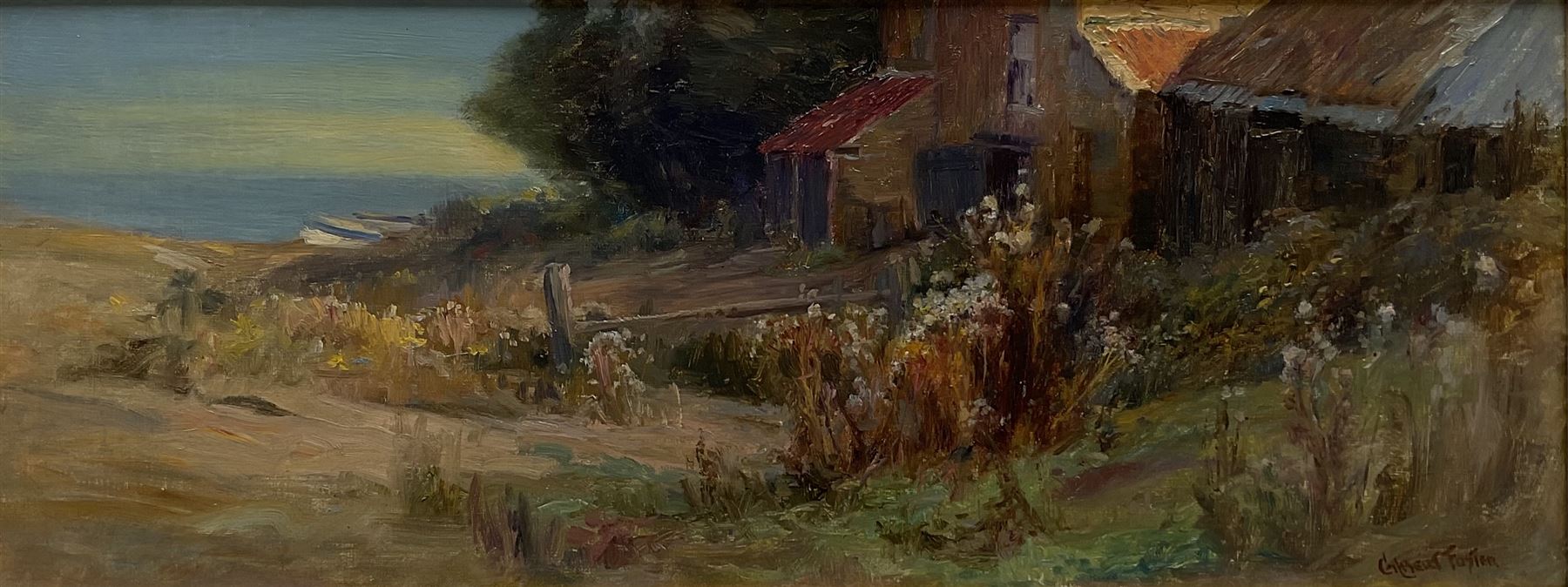 William Gilbert Foster (Staithes Group 1855-1906): Fisherman's Cottage overlooking the Green Runswick Bay, oil on canvas signed, inscribed verso 21cm x 55cm
Provenance: private Yorkshire collection purchased Phillips Leeds 'Yorkshire' sale 2nd Nov. 1994, Lot 218