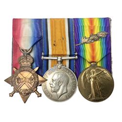 WW1 group of three medals comprising 1914-15 Star awarded to 536 Pte. T. Hall North'd Yeo. and British War Medal and Victory Medal with oak leaves awarded to 2.Lieut. T. Hall; with ribbons; displayed on board for wearing; some biographical details