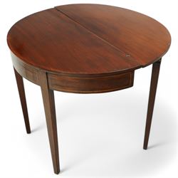 19th century rosewood and satinwood banded card table, D-shaped fold-over top, double gate-leg action base, on square tapering supports terminating to brass cups and castors (W92cm, D45cm, H76cm); together with a 19th century mahogany tea table (W89cm, H73cm, D43cm)