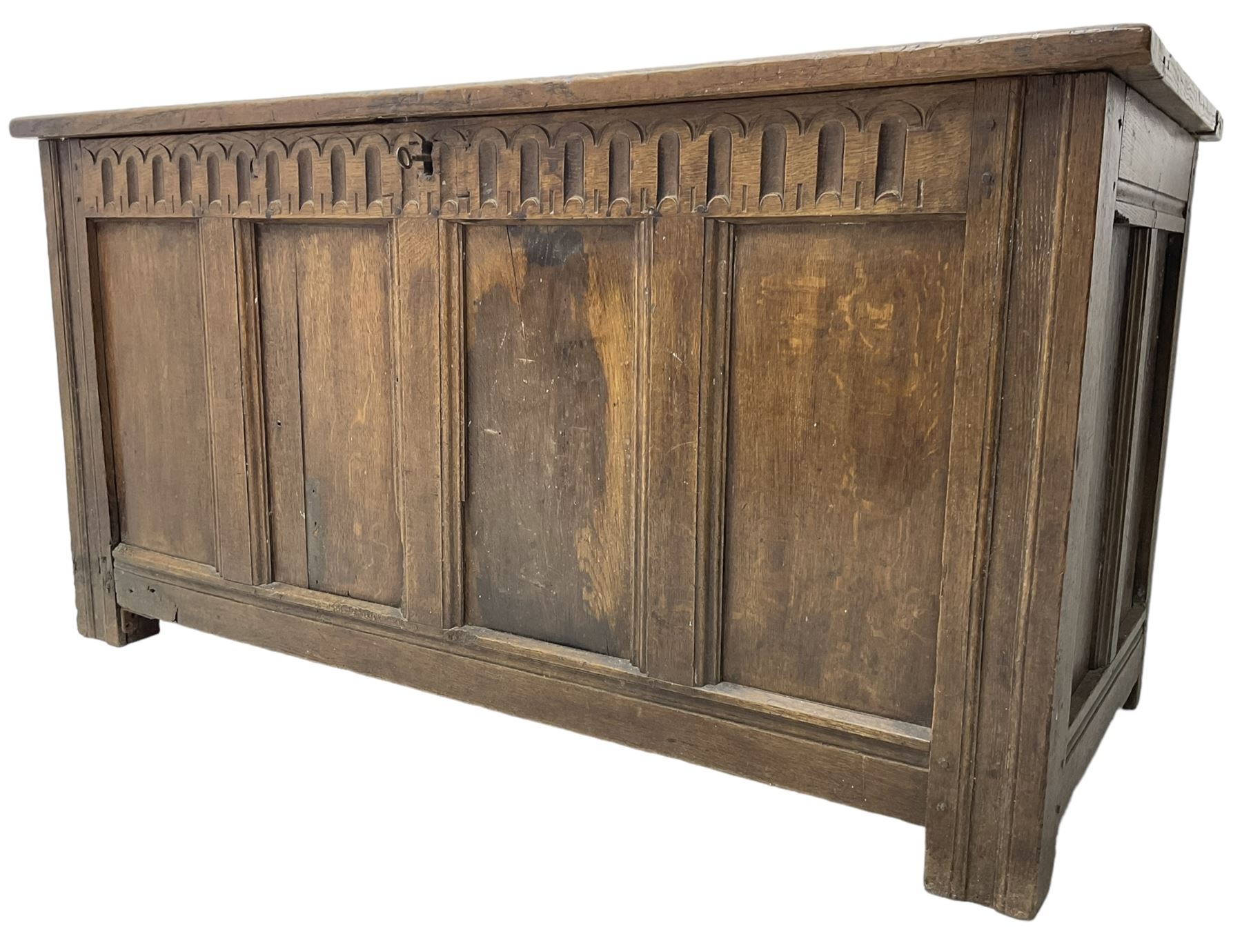 18th century and later oak coffer or chest, rectangular quadruple panelled hinged top, over arcade carved frieze and panelled sides, on stile supports