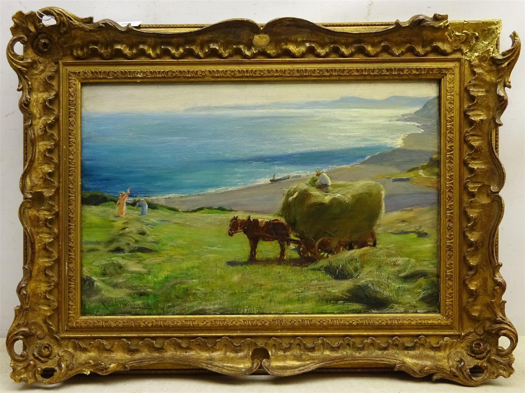 Arthur A Friedenson (Staithes Group 1872-1955): Haymaking above Runswick Bay, oil on canvas signed and dated '94, 30cm x 46cm

