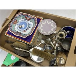 Hallmarked silver cap, together with silver-plate and other metalware and ceramics to include Wedgwood Jasperware purple pedestal dish, Oriental bowl in box, studio pottery tea wares etc in three boxes