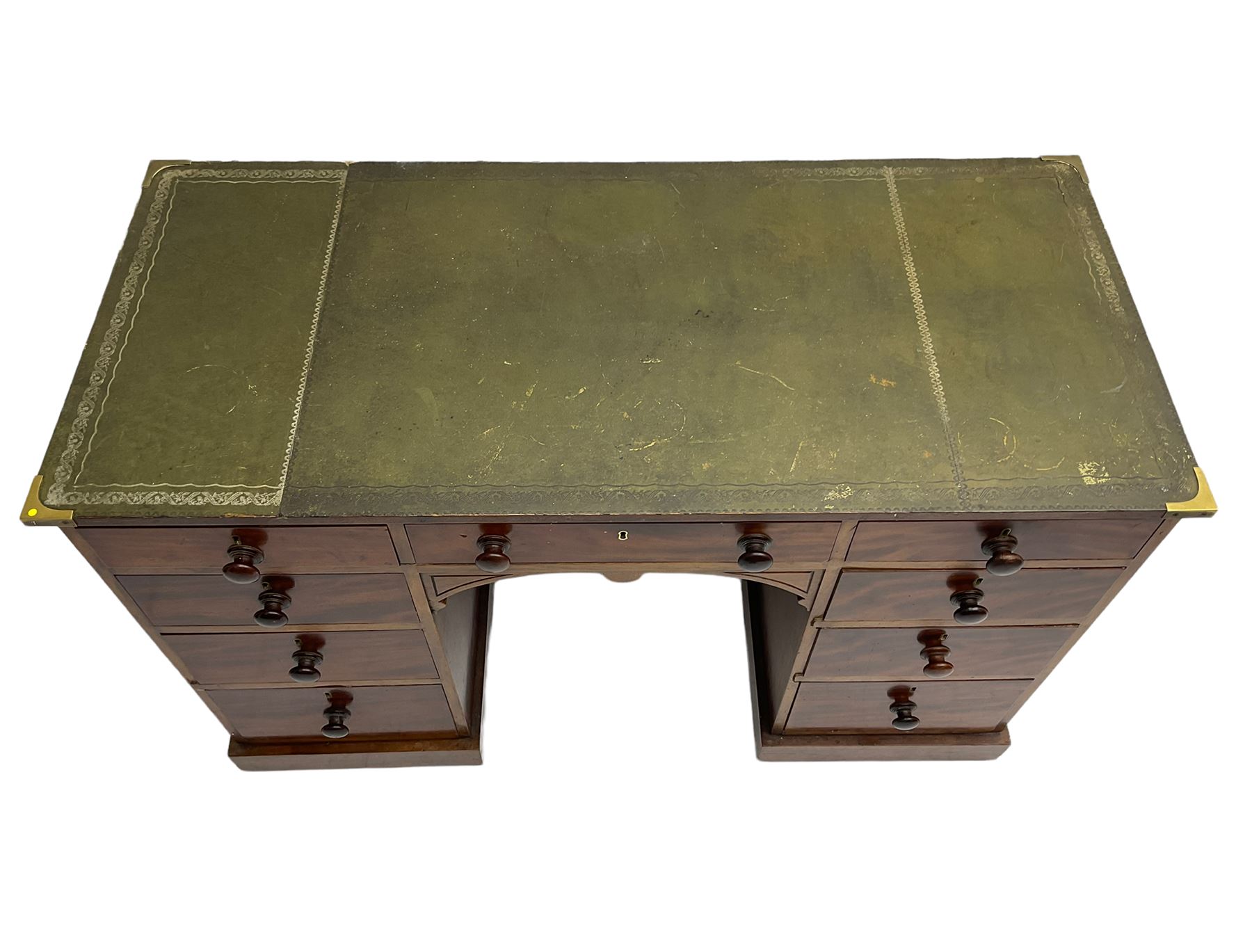 Victorian mahogany twin pedestal desk, green leather top with brass