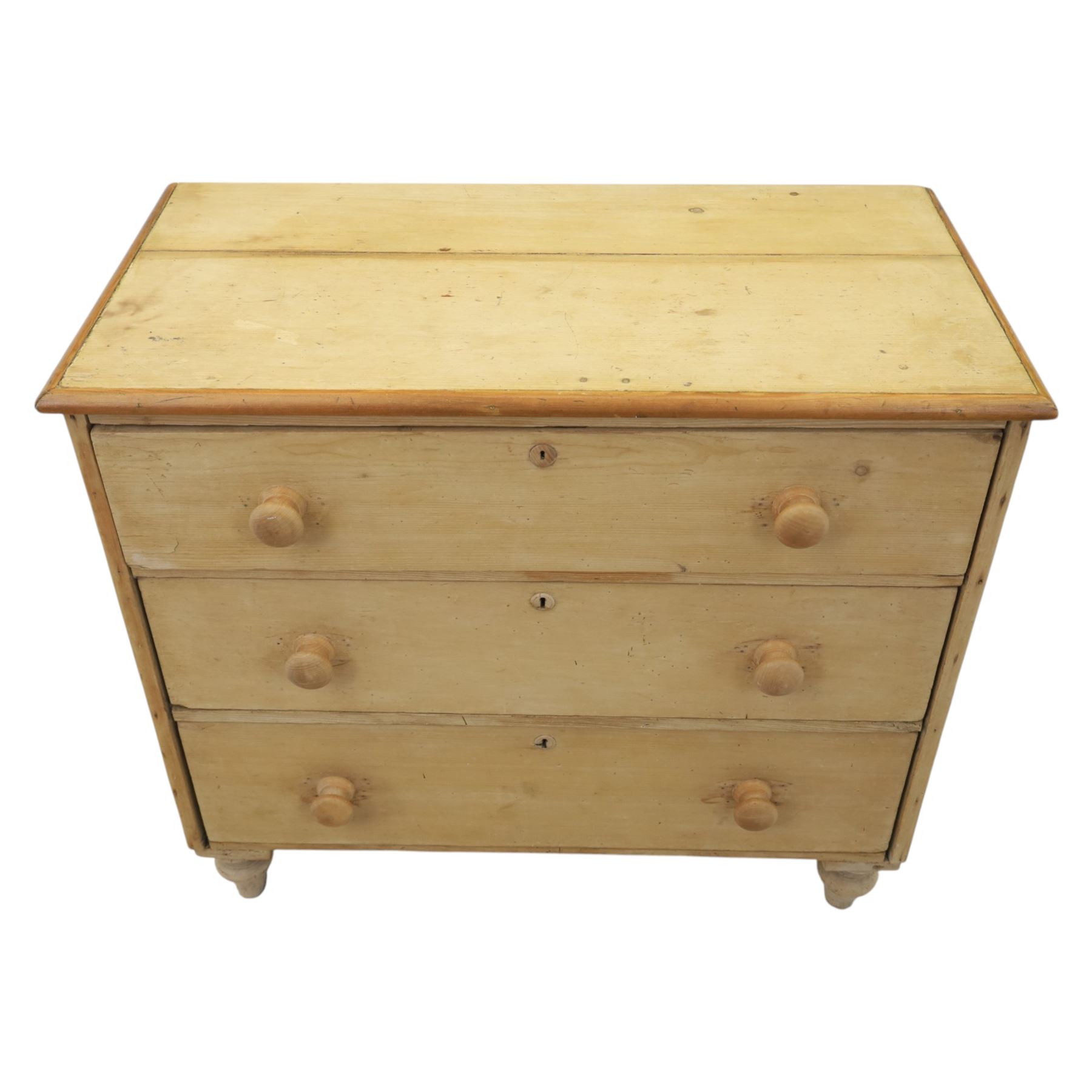 Victorian stripped pine chest, fitted with three drawers, turned wooden handles, raised on turned legs