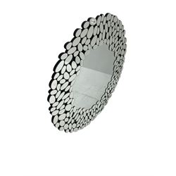 Contemporary sunburst design mirror, central circular plate framed by small 'pebble' mirrors with bevelled plates