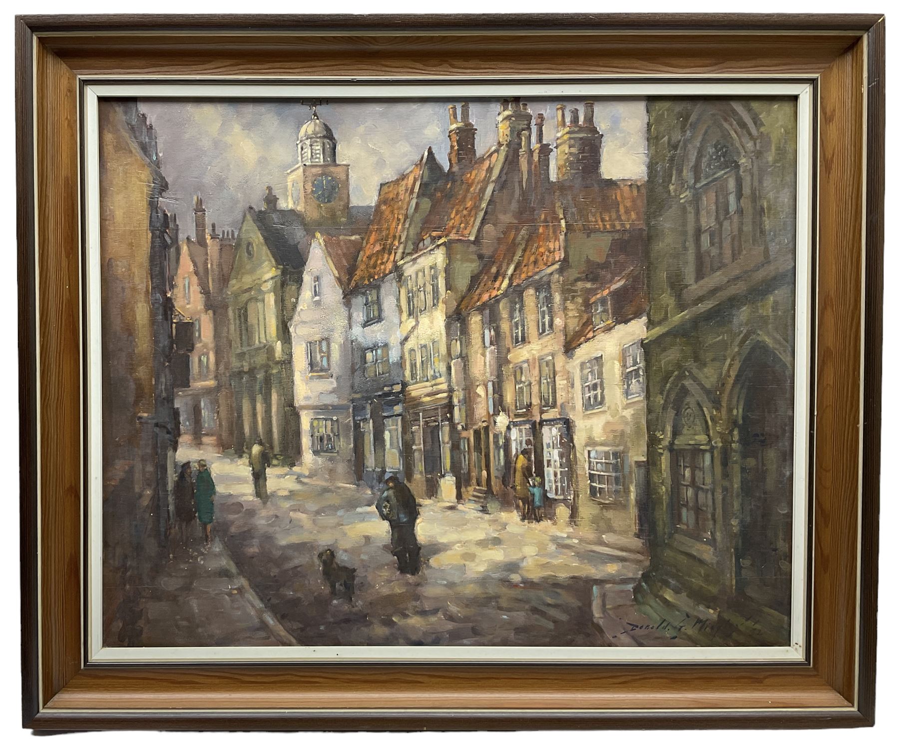Donald Gray Midgely (British 1918-1995): 'Church Street in Winter - Whitby North Yorkshire', oil on board signed and dated '72, titled verso 39cm x 50cm 
Notes: Midgley was born in Halifax, moved to Whitby after his mother Lottie died. Lived at 2 Salt Pan Steps.