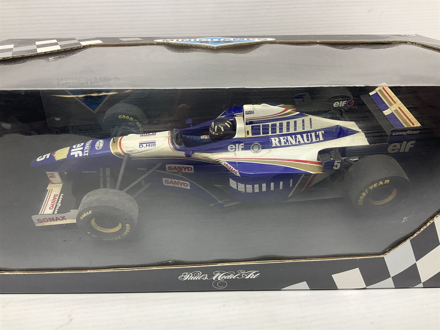 Three Minichamps '18' 1:18 scale die-cast racing cars - Jordan Peugeot 196 1996 R. Barrichello; Benetton Renault B196 G. Berger; and Williams Renault FW18 D. Hill; all boxed (3)
