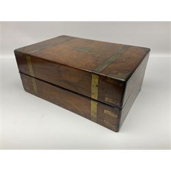 Victorian mahogany writing slope, the brass bound hinged cover opening to reveal tooled leather and gilt interior with two glass inkwells, together with a similar parquetry inlaid writing slope, with central mother of pearl inlay enrgraved 'Sarah', tallest H17cm 