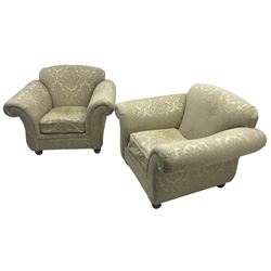 Traditional design three-piece lounge suite - three-seat sofa (W220cm, H90cm, D90cm); two armchairs (W115cm); and two footstools (77cm x 43cm, H31cm); upholstered in cream damask fabric