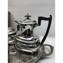 Walker and Hall silver plated tea set, comprising coffee pot, teapot, milk jug and sucrier, together with silver plated tray and a wooden clock with barley twist decoration, clock H28cm