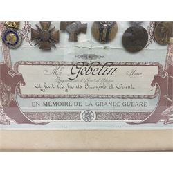 Six WW1 French medals comprising Valor Discipline 1870 3rd Republic Military Medal, Croix De Guerre with star, Croix Du Combattant, Medaille Inter-Alliee De La Victorie, Orient Medal and Medaille Commemorative De La Grande Guerre 1914-18; all with ribbons; mounted, framed and glazed with certificate named to Mr. Gebelin Herve Brigadier au 4th Chassrs. D'Afrique