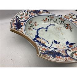 19th Century Imari pattern Japanese blood letting bowl, together with 19th century chinese blue and white square dish with decorated with blossoming flowers, together with thee blue and white saucers 