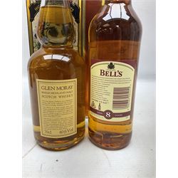 Glen Moray 12 Year Single Malt Highland Scotch Whisky, 70cl 40% vol, one bottle, in Highland Regiments The Black Watch presentation tin, Glenfiddich Pure Malt Scotch Whisky, Special Old Reserve, 70cl 40% vol, one bottle, in Clan Murray presentation tin, Bell's Extra Special Old Scotch Whisky, Aged 8 Years, 70cl 40% vol, one bottle, in box and Bell's Extra Special Old Scotch Whisky, 1l, 43% vol (4)