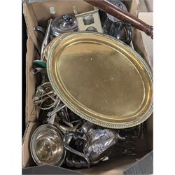 Copper and brass bed warming pan, wooden jewellery table and a collection of copper, silver plate and other metal ware