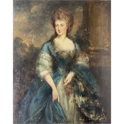 English School (18th century): Full length Portrait of a Lady in Blue Dress, oil on canvas unsigned 127cm x 102cm (unframed)