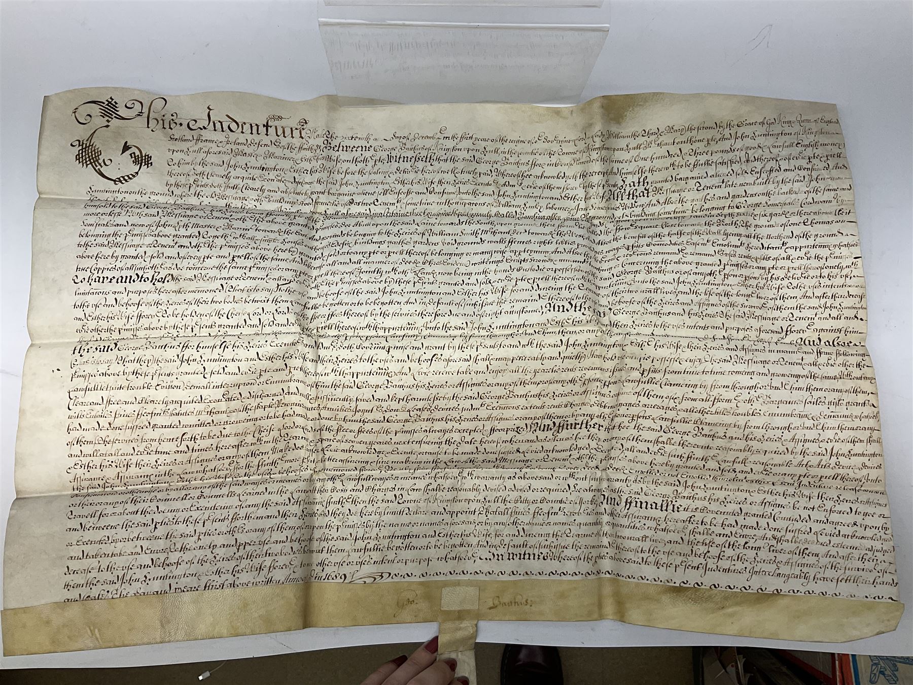 Three 17th/18th century manuscript deeds on vellum relating to properties in Bowling Alley Lane, Hull - one dated 16/12/1689 with seal 44 x 65cm; mortgage dated 20/2/1711 56 x 74cm; and assignment of mortgage dated 5/5/1727 with seal; all folded (3)