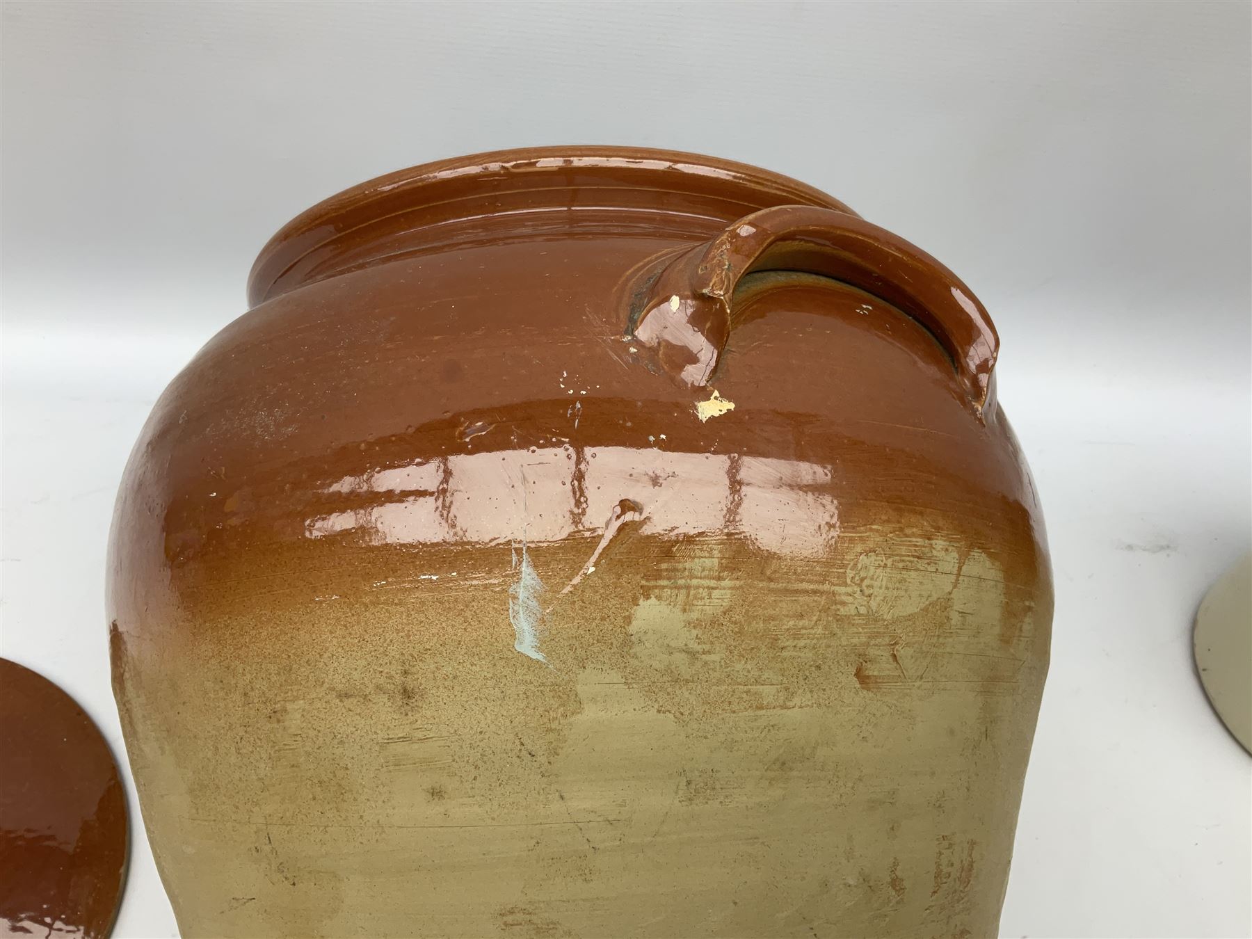 Second World War stoneware jar with airtight lid for ointment - anti-gas and large stoneware twin handled jar and cover, largest example H39cm