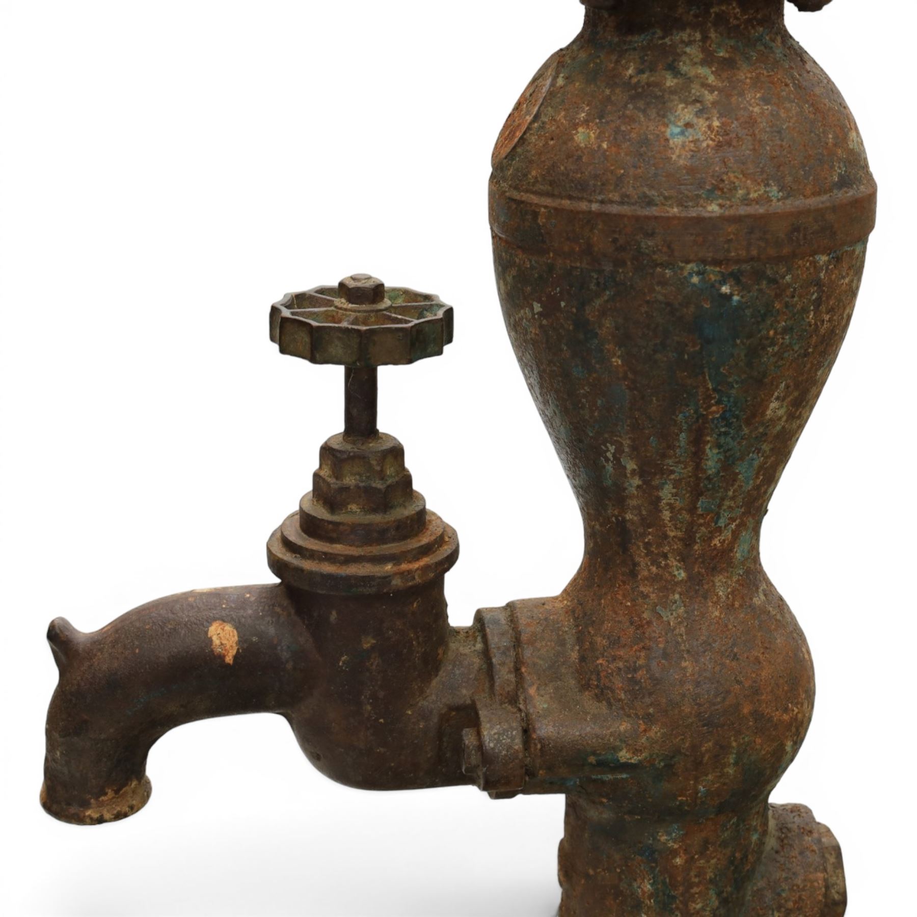 Early 20th century cast iron floor standing water pump, cylindrical column with bulbous chamber, side spout with star-shaped tap, lever action mechanism with ratchet adjustment, flanged circular base, H 127cm