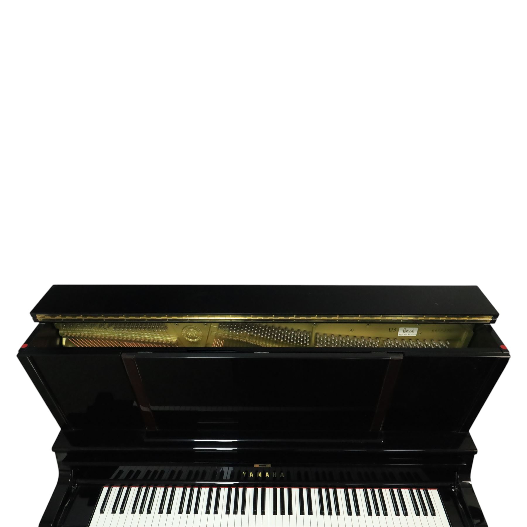 Yamaha model U5 upright piano retailed by Harrods, 88 keys and three pedals within high gloss ebonised case, serial no. 6055292, with Roland black button top piano stool