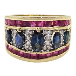 Gold sapphire, ruby and diamond ring, graduating five stone marquise cut sapphires, with pave set diamond accents set between and calibre cut ruby borders, stamped 14K