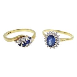 Gold sapphire and diamond cluster ring and a sapphire and diamond three row ring, both hallmarked 9ct 