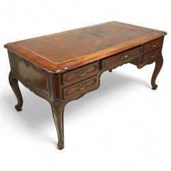 19th-century French mahogany Bureau Plat, inset tooled leather top over three frieze drawers, shaped apron, and cabriole legs carved with acanthus detail 