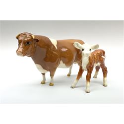 Beswick Guernsey bull Sabrina's Sir Richard 14th, model no 1415, printed mark beneath, along with figure of calf possibly Beswick model 901b, unmarked. 