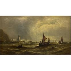 G McL (19th century): Stormy Seas off Scarborough Lighthouse, oil on canvas signed with monogram 59cm x 105cm