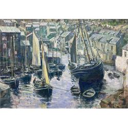 English School (20th century): Fishing Boats in Polperro Harbour, oil on board unsigned 30cm x 42cm