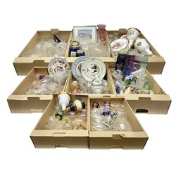 Floral ceramic table lamp with goat masks, together with collectors plates, Wade bell shaped decanters, art glass, colourful drinking glasses and other ceramics and glassware, in eight boxes 
