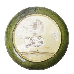 Pinder Bourne & Co hand-painted faience charger, c1879, by James R Cruickshank, depicting a bearded man in a tied black cap, impressed mark and with artists monogram to base, D40cm