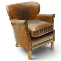 Halo - traditional tub design 'Cosy' club armchair, rolled arms with studwork terminals, upholstered in deep tan leather with loose seat cushion, on square supports