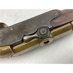 Late 18th century 7.2mm (approx. .28 calibre) Girandoni system single shot reservoir air rifle, the 62cm steel barrel with swivelling two-leaf rear sight, brass breech decorated with a sunburst and lever opening top loading, engraved steel lock-plates marked 'S. Gaskell' to the right side underneath the cocking lever, brass trigger guard,  leather covered steel butt reservoir of tapering conical form with brass ferrule and walnut fore-stock with horn mounts L107cm overall