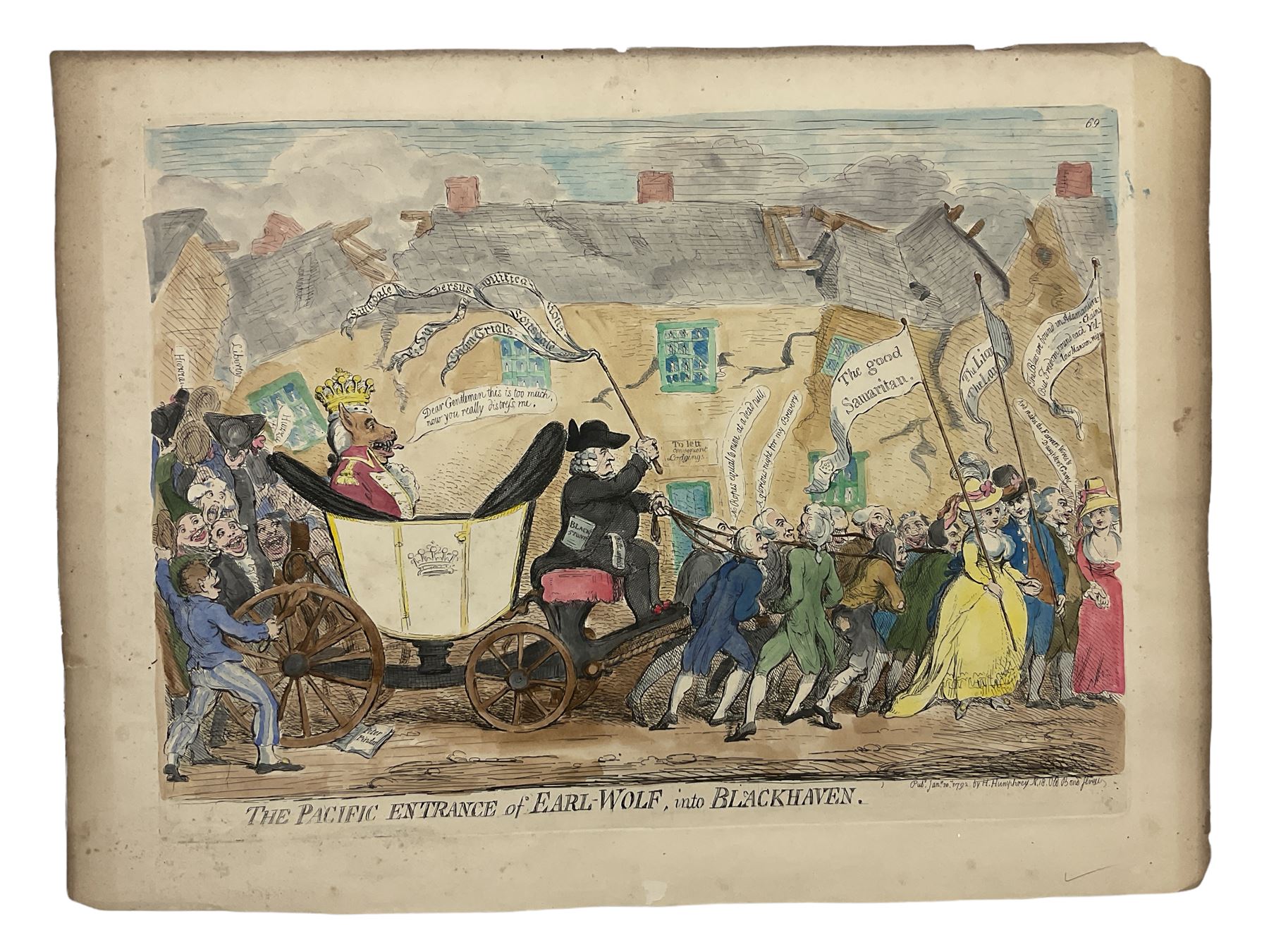 James Gillray (British 1756-1815): 'The pacific entrance of Earl-Wolf into Blackhaven', etching with hand colouring pub. Hannah Humphrey 1792, three further etchings verso 'Frying Sprats', 'Toasting Muffins' and 'Weird Sisters - Ministers of Darkness - Minions of the Moon' 39cm x 53cm (unframed)