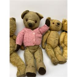 Five English teddy bears 1930s-50s including Chad Valley with swivel jointed head, glass type eyes and vertically stitched nose and mouth and jointed limbs with felt paw pads H14