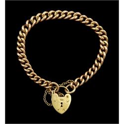  Early 20th century 9ct rose gold graduating curb link bracelet, each link stamped 9.375, on later yellow gold heart locket clasp, hallmarked